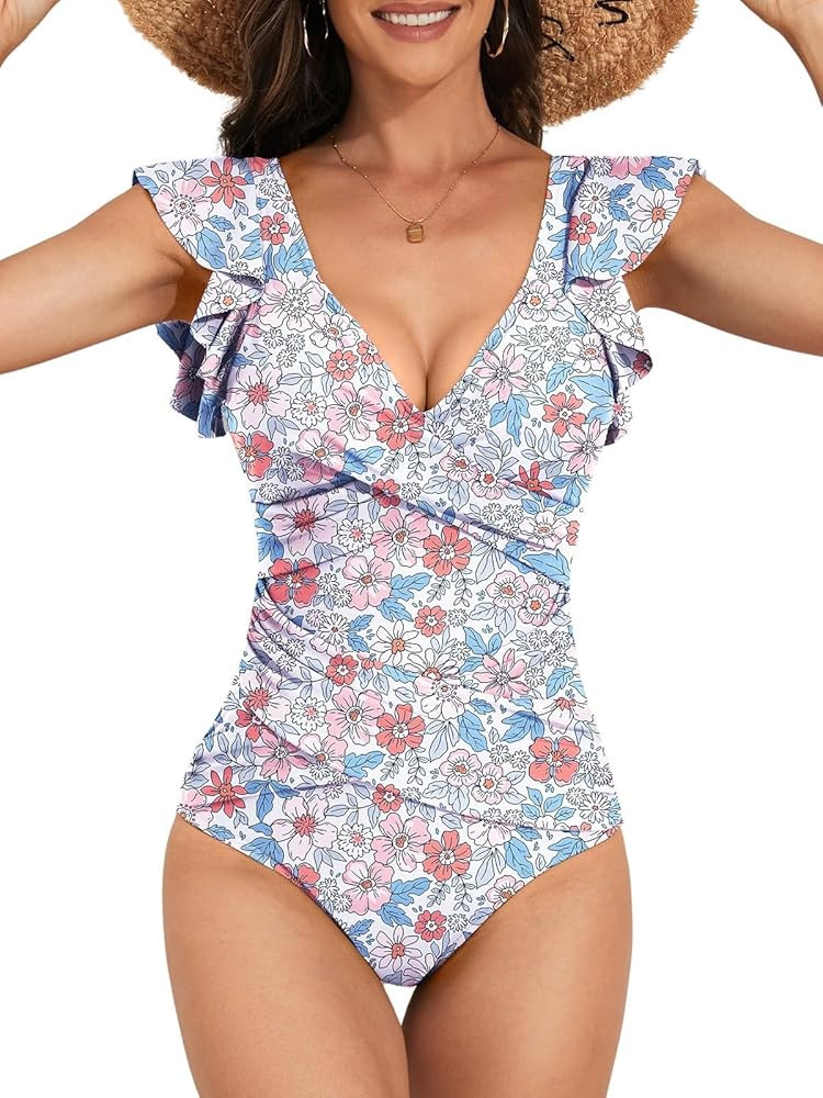 B2prity Women's One Piece Swimsuit Ruffle Slimming Tummy Control Bathing Suit Criss Cross High Wa... | Amazon (US)