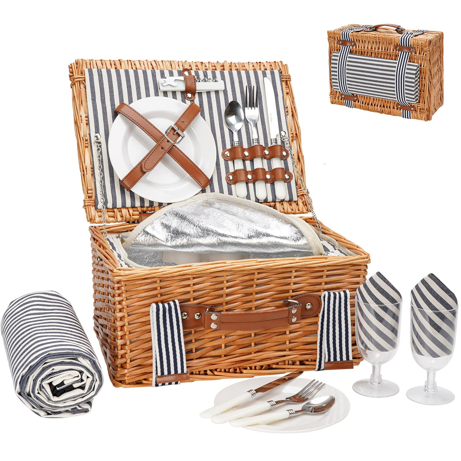 Wicker Picnic Basket Set for 2 Persons with Blanket,Handmade Willow Picnic Basket with Insulated ... | Amazon (US)