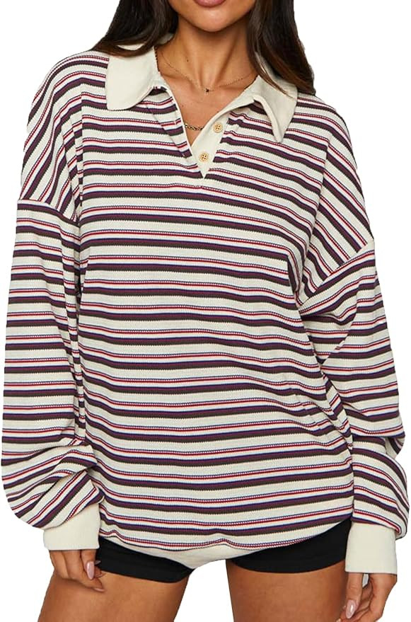 WIHOLL Sweatshirts for Women Fall Long Sleeve Polo Neck Shirts 2024 Colorblock Striped Drop Shoul... | Amazon (US)