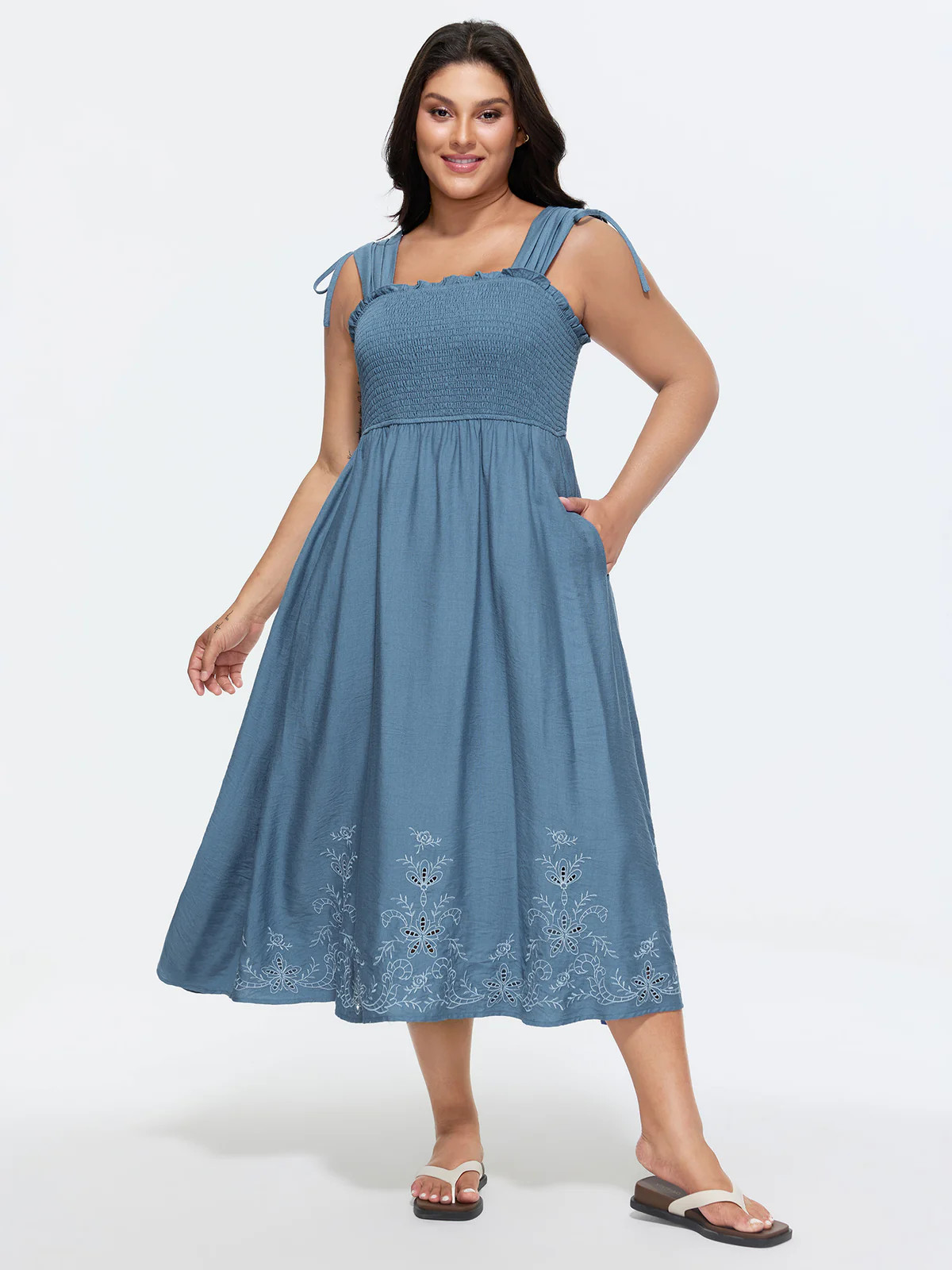 Shirred Embroidered Hem Shoulder Tie Midi Dress | Bloomchic