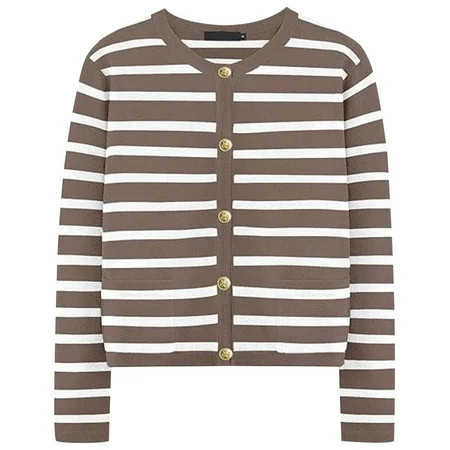 Cardigan Sweaters For Women Clearance Casual Basic Sweater Elegant Fall Cropped Striped Button Down Cardigan Coffee M | Walmart (US)