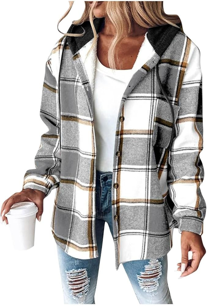 Fleece Jacket Women Sherpa Lined Flannel Plaid Shacket with Pockets Fuzzy Button up Hooded Winter... | Amazon (US)