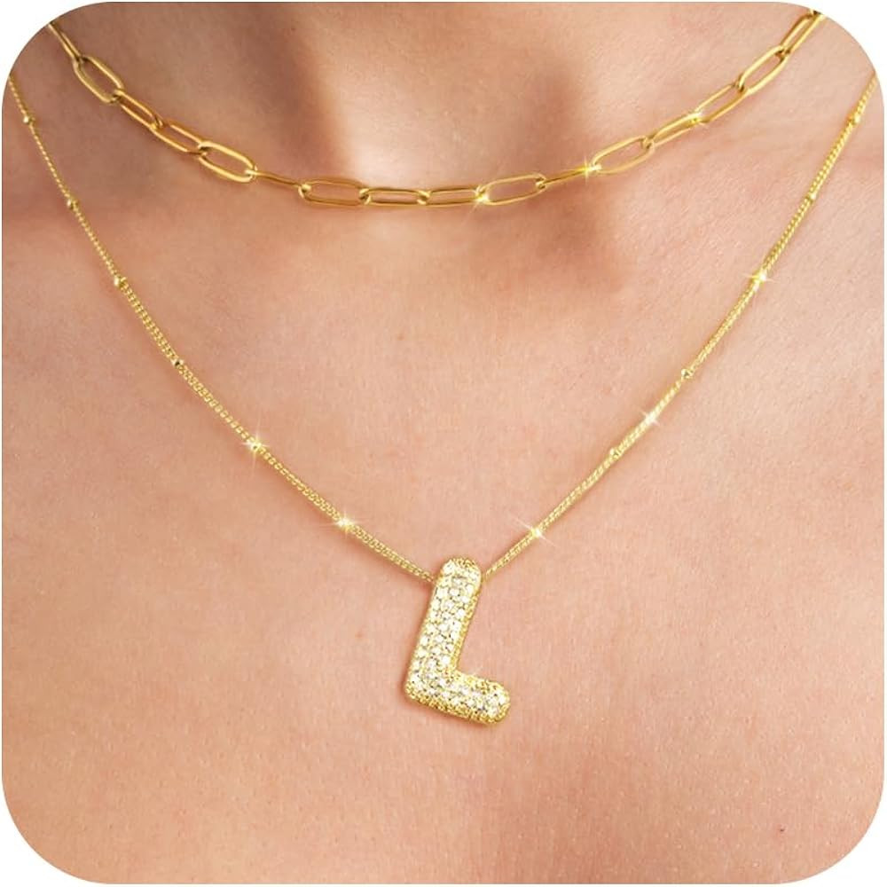 Bubble Letter Necklace Gold for Women,14K Gold Plated, Initial Necklaces for Women,Dainty Layered... | Amazon (US)