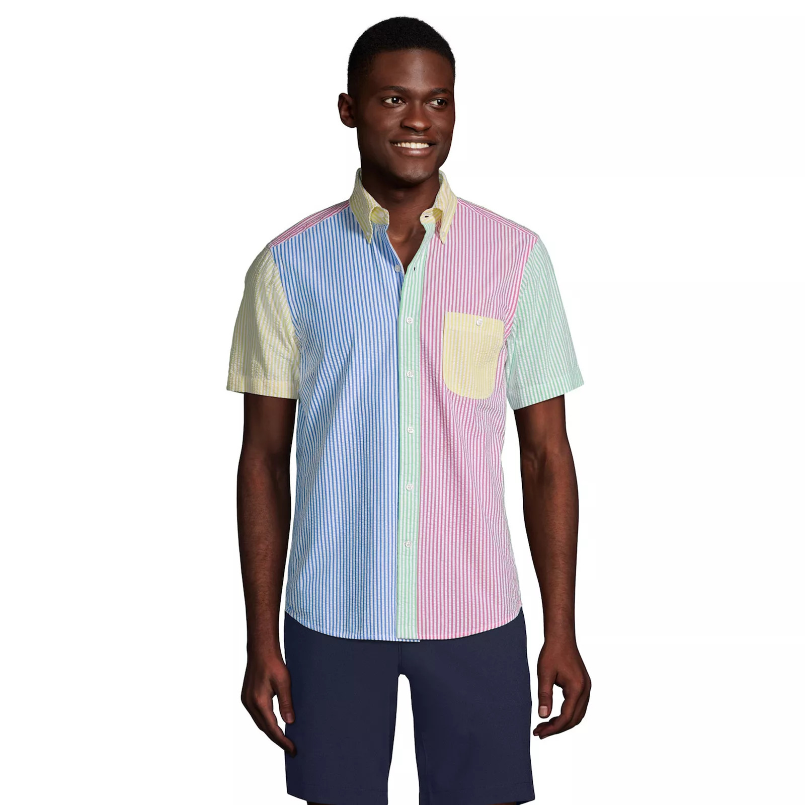 Men's Lands' End Button-Down Seersucker Shirt, Size: Large, Stripe Colorblock | Kohl's