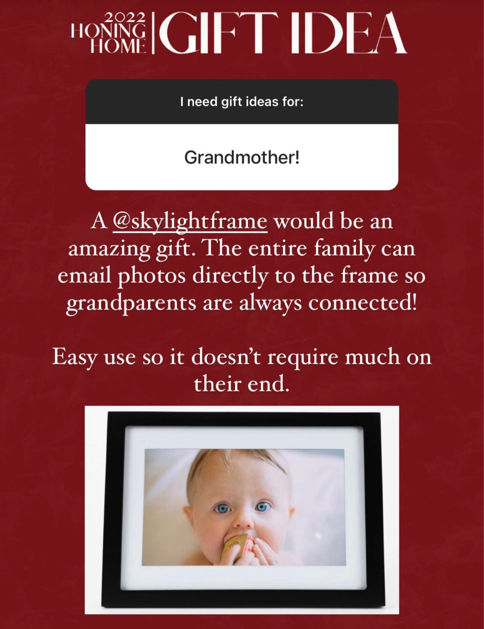 Tech gift idea, gifts for grandma, grandparent gift idea, skylight frame, parent gift idea, digital frame 

#LTKHoliday #LTKhome #LTKGiftGuide