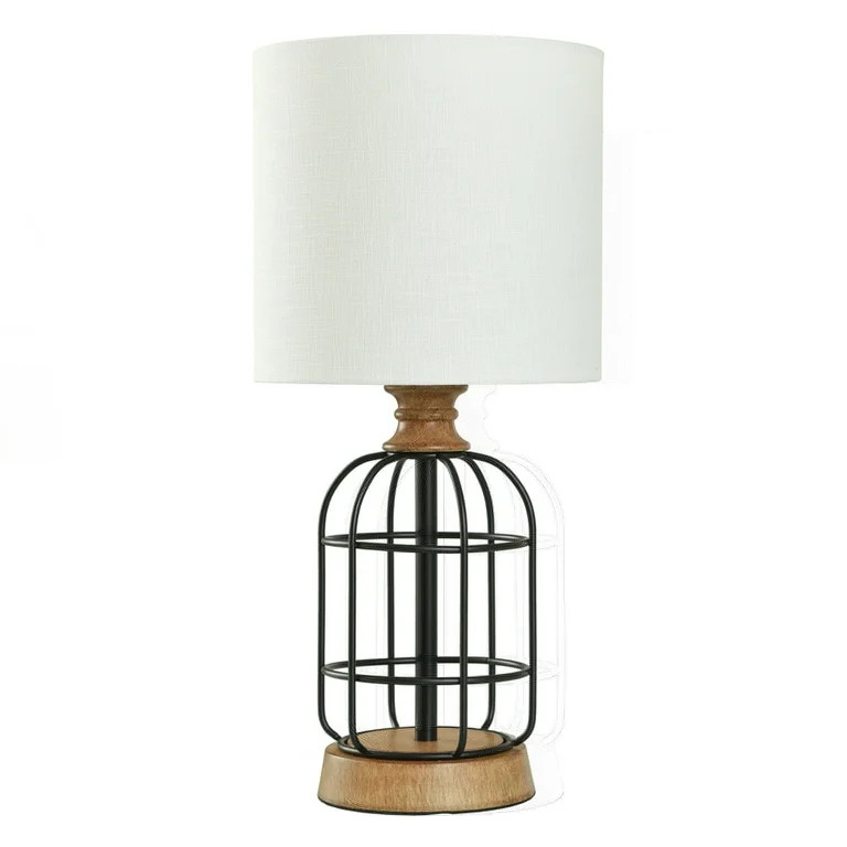 Mainstays Black Metal Cage Table Lamp with Wood Accents and Drum Shade, 17" | Walmart (US)