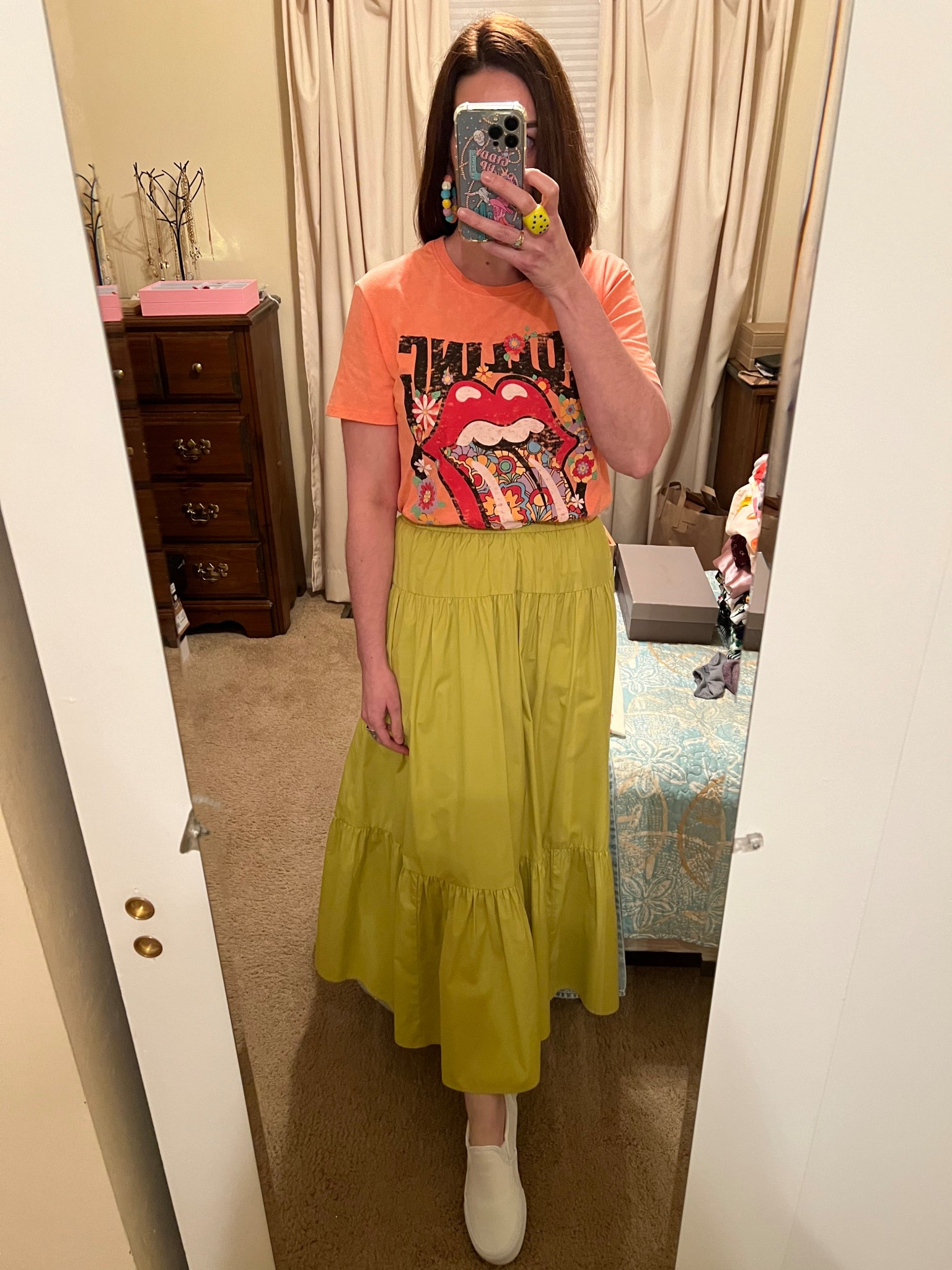 Rolling Stones graphic t-shirt (small). Lime green tiered maxi skirt (small). White slip on sneakers (8.5). #graphictshirt #tshirt #rollingstonestshirt #skirt #maxiskirt #limegreenskirt #vans #sliponsneakers #sneakers #whitesneakers #summeroutfit
Summer Outfit 

#LTKStyleTip #LTKFindsUnder100 #LTKSummerEdit
