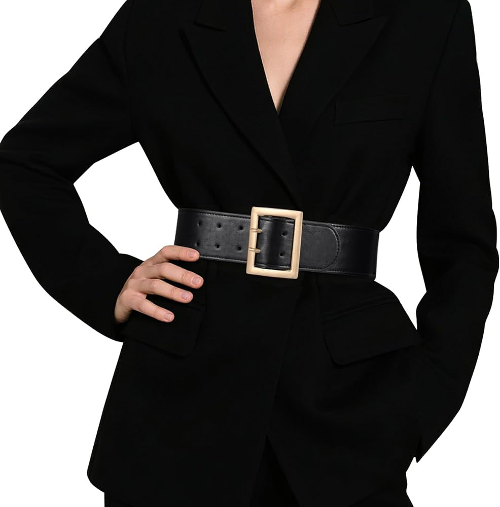 JASGOOD Women Wide Elastic Waist Belt for Dresses Fashion Gold Square Buckle Stretchy Leather Wai... | Amazon (US)