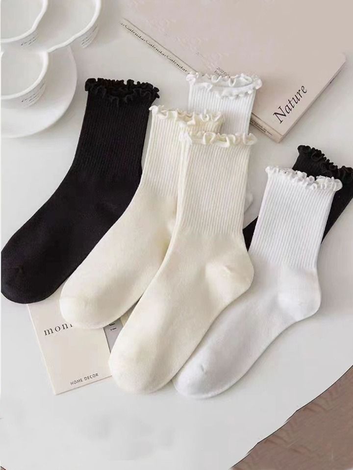 3pairs/set Black & White & Beige Lace Trimmed Socks, Mid-calf Length Fashionable All-match Style | SHEIN