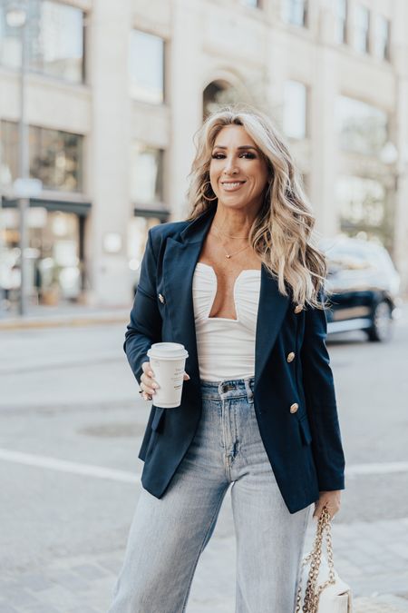 My blazer is back in stock and on sale for $30!! 🙌🏻 Grab it while you can! Spring outfits, ladies wide leg denim jeans, double breasted navy blazer, workwear, office 

#LTKfindsunder50 #LTKstyletip #LTKworkwear