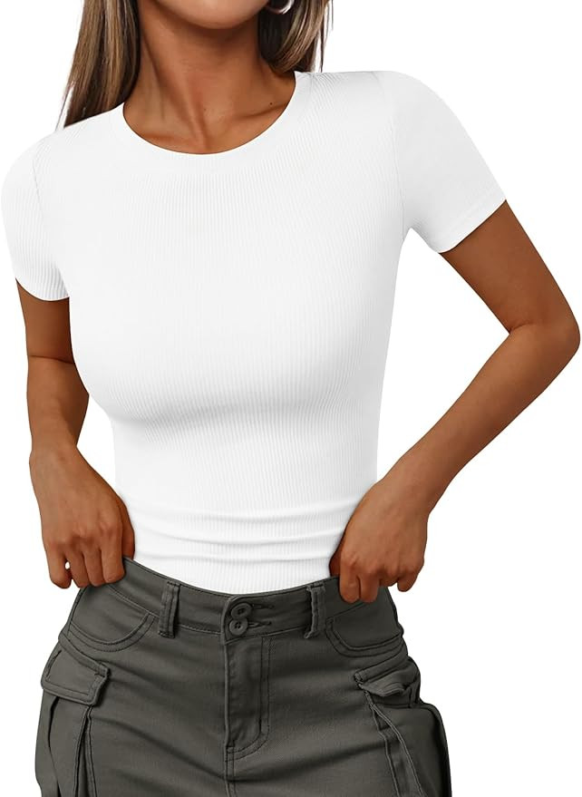 Trendy Queen Womens Short Sleeve Shirts Crewneck Ribbed Knit Slim Fitted T-Shirt Summer Basic Tee... | Amazon (US)