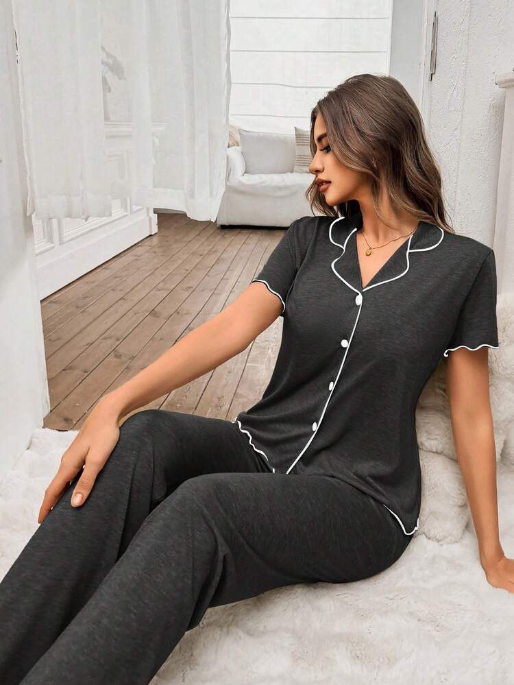 SHEIN Casual Loose Oversized Soft Drapey Lightweight Summer Knit Dark Grey Ruffle Trim Short Sleeve Jumpsuit For Women | SHEIN
