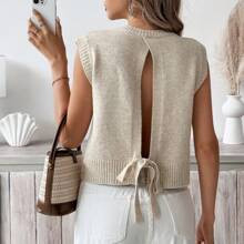 Women's Frenchies Spring & Autumn Casual Open Back Tie Chiffon Knit Sweater Vest,Fall Clothes,Women Tops,Fall Tops,Fall Women Shirts,Women Sweaters | SHEIN