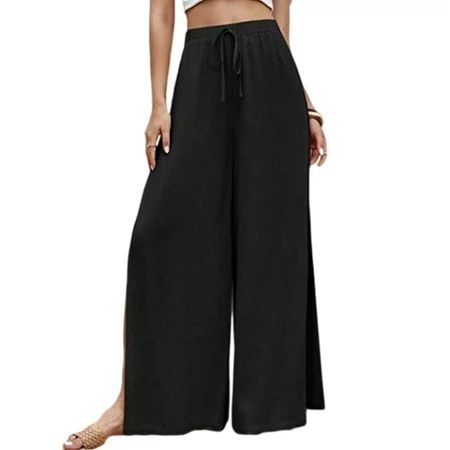 Frontwalk Womens Loose Lounge Trousers Side Slit Workout Yoga Pant Cotton Linen Wide Leg Pants | Walmart (US)