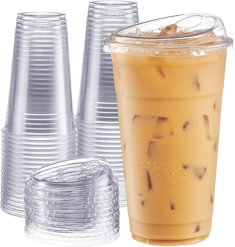 GUSTO Clear Plastic Cups with Lids [24 oz - 100 Count - Disposable Iced Coffee Drink Cups with St... | Amazon (US)