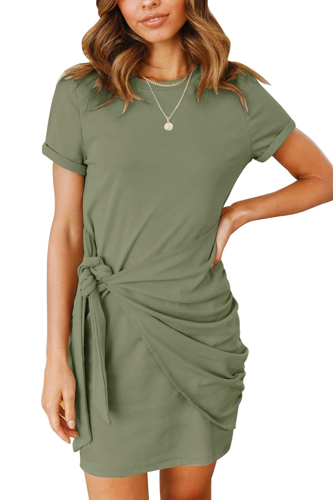 MEROKEETY Women's Short Sleeve Crew Neck T Shirt Dress Tie Waist Ruched Bodycon Mini Dress | Amazon (US)