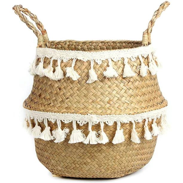 BlueMake Tassel Macrame Woven Seagrass Belly Basket for Storage, Picnic, Groceries - Walmart.com | Walmart (US)