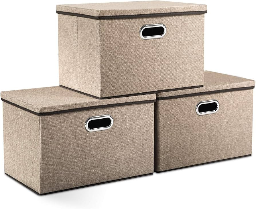 PRANDOM Large Collapsible Storage Bins with Lids [3-Pack] Jute Fabric Foldable Storage Boxes Orga... | Amazon (US)