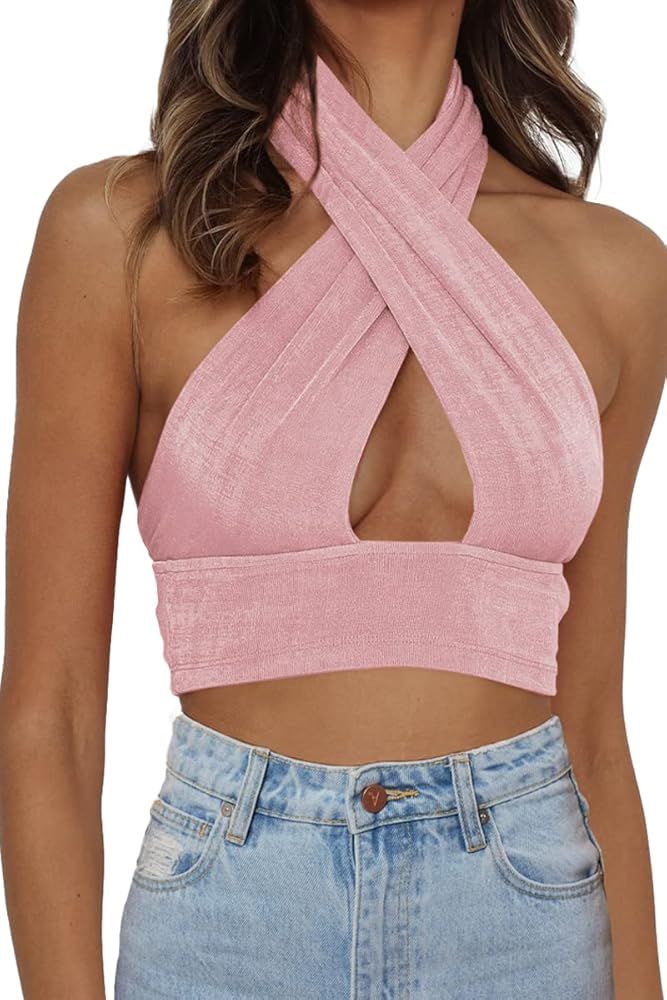 Dealmore Women's Summer Crop Top Halter Neck Criss Cross Sexy Y2k Tops Backless Cami Tank | Amazon (US)