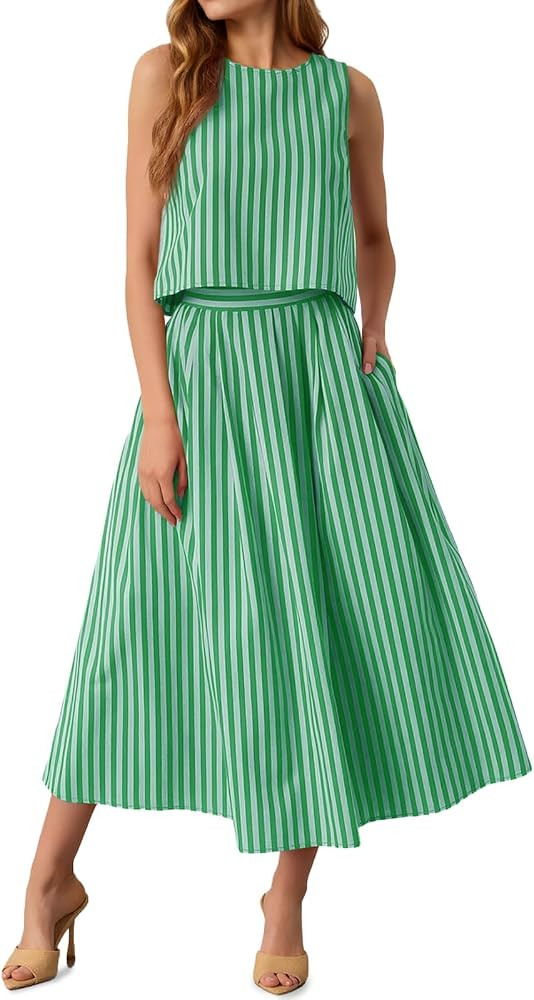 Tankaneo Womens 2 Piece Skirt Sets Summer Striped Sleeveless Tank Tops Midi Dress Travel Vacation... | Amazon (US)
