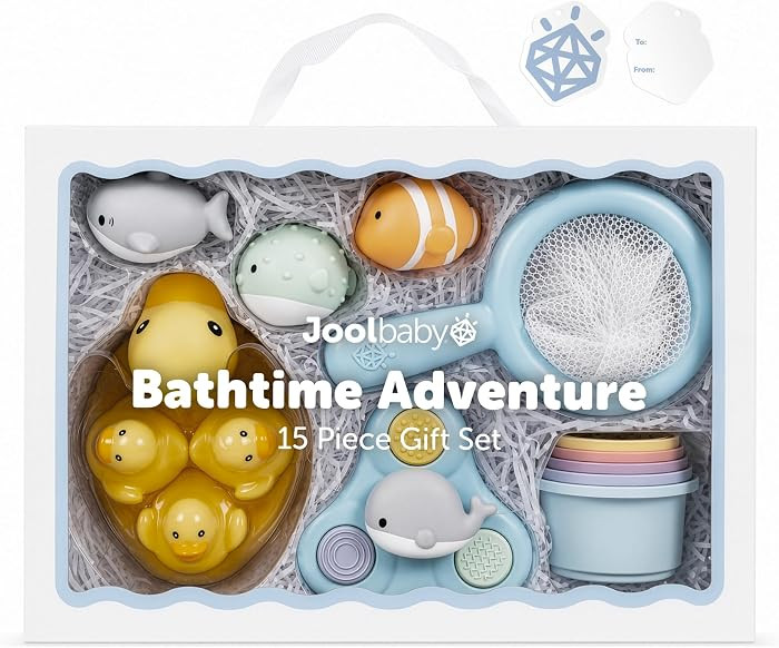 Jool Baby Bathtub Toys Gift Set – Bath Squirts, Rubber Ducks, Whale Fidget Spinner Toy - Bathtub Storage Bag Included (15 pc) | Amazon (US)
