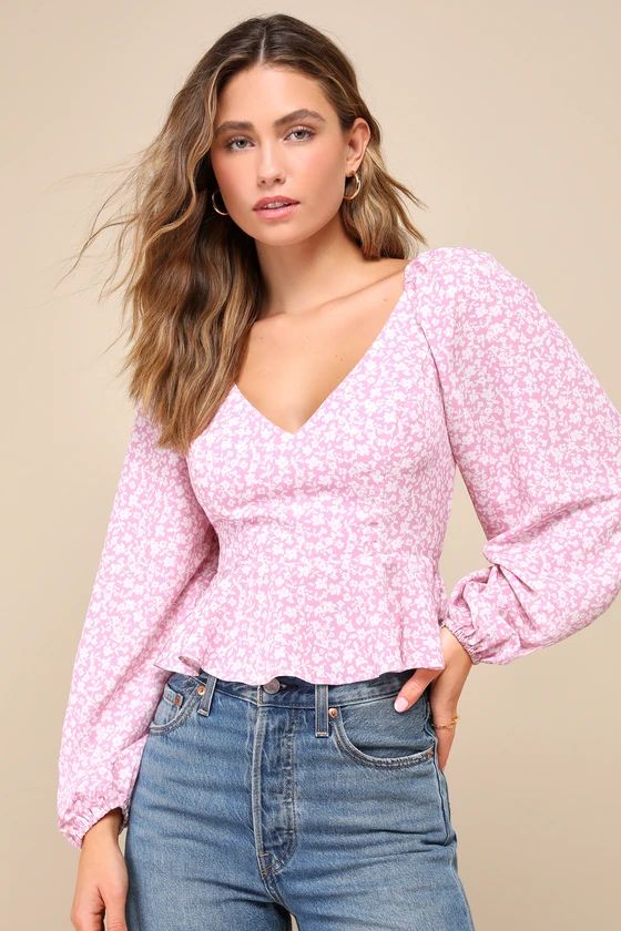 Seasonal Blossom Pink Floral Lace-Up Puff Sleeve Peplum Top | Lulus