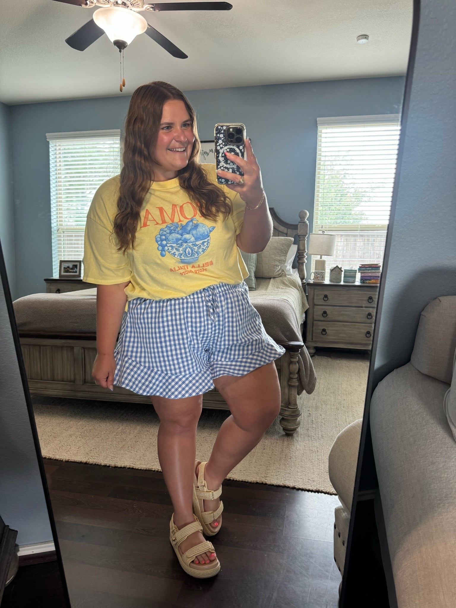 I love a yellow and blue color combo! This outfit is so lightweight and cute for summer plus it’s curvy girl approved! Wearing an xl in this old navy graphic tshirt and a 2XL in these shein ruffle gingham shorts. My go to combo! I’m 5’1 and a size 16. Perfect curvy girl outfit combo.

#LTKootd #LTKMidsize #LTKPlusSize