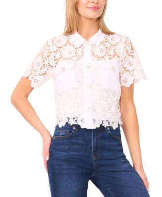 Women's Short-Sleeve Button-Down Lace Top | Macy's