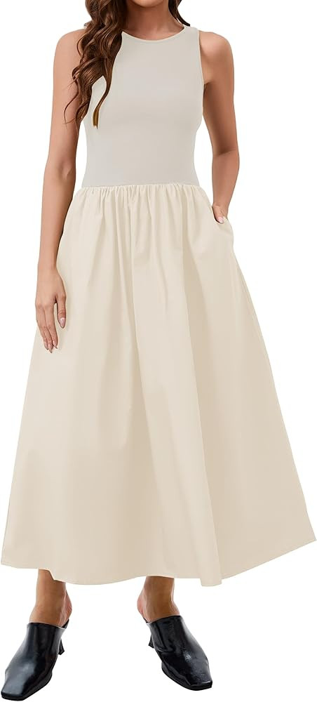 Summer Casual Sleeveless Maxi Dress for Women Patchwork Crewneck Flowy Tank Top Long Dresses with... | Amazon (US)