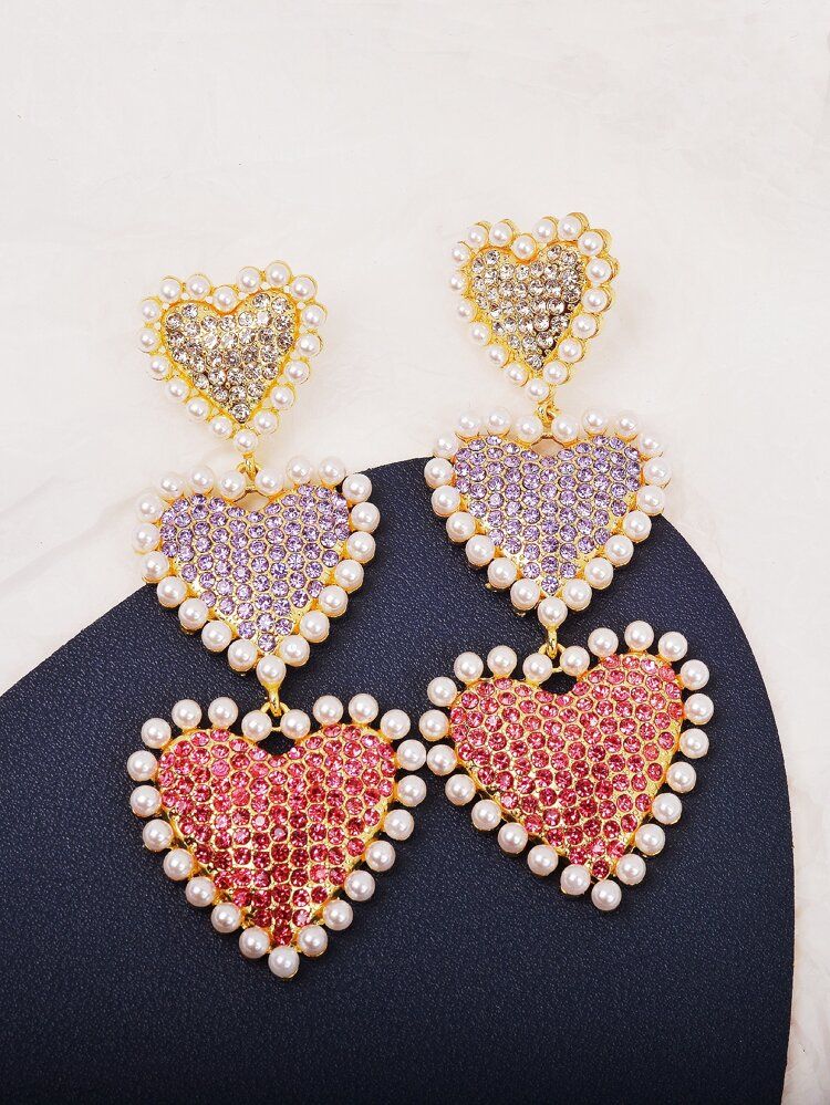 Rhinestone & Faux Pearl Heart Drop Earrings | SHEIN
