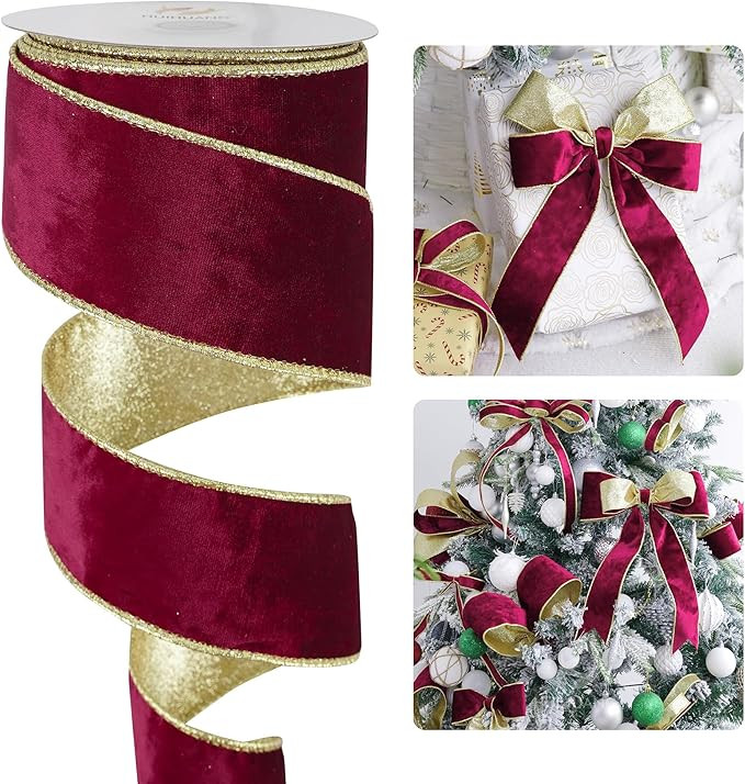 HUIHUANG Burgundy Velvet Wired Ribbon - 2.5 inch Maroon Velvet with Gold Glitter for Wrapping, Tr... | Amazon (US)