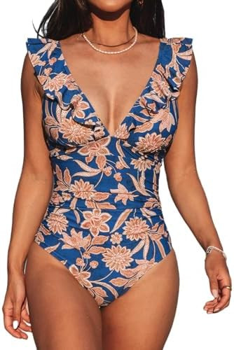 CUPSHE Women's Ruffled One Piece Swimsuit V Neck Lace Up | Amazon (US)