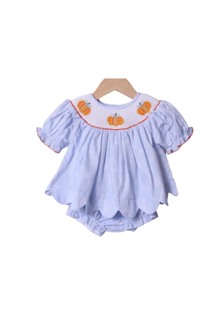 6 Smocked Blue Trellis Pumpkin Bloomer Set | The Smocked Flamingo