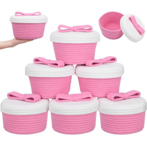 Acellegic 6 Pcs Small Pink Valentines Bow Baskets with Lid Hamper Nursery Storage Bins Rope Woven Bowknot Decorative Chest Organizer Gift Wrapping for Birthday Baby Showers Nursery, Pet Toy Basket | Amazon (US)
