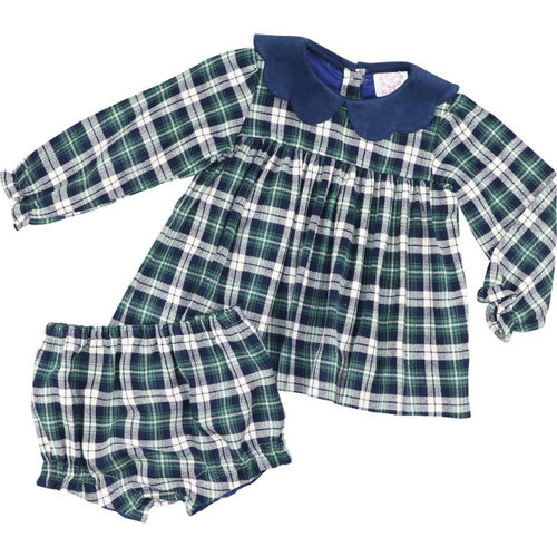 Navy And Green Plaid Flannel Scalloped Collar Diaper Set | Cecil and Lou