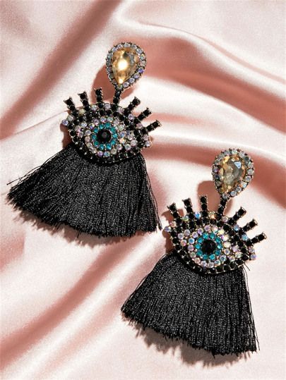 1pair Rhinestone Decor Eye Decor Tassel Drop Earrings | SHEIN