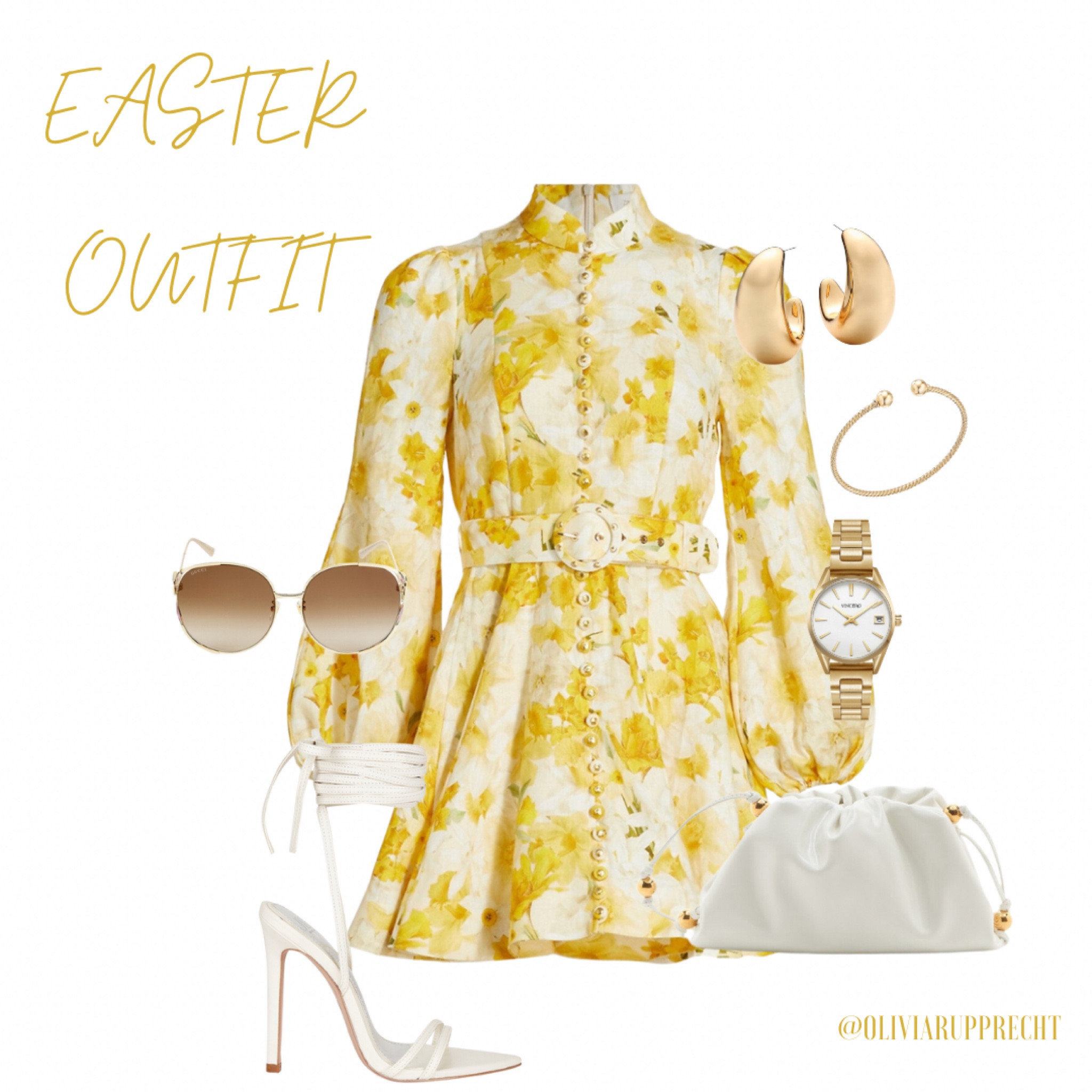 Easter outfit | dress | heels | purse | saks | sunglasses | yellow | white | gold | style | fashion | trend | bracelet | jewelry | watch | earrings | 

#LTKU #LTKSeasonal #LTKstyletip