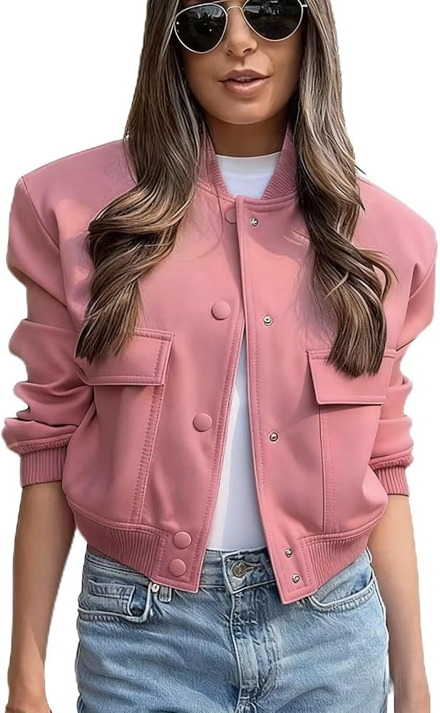 imbpceu Women Bomber Jacket Casual Long Sleeve Button Down Varsity Jackets with Pockets | Amazon (US)