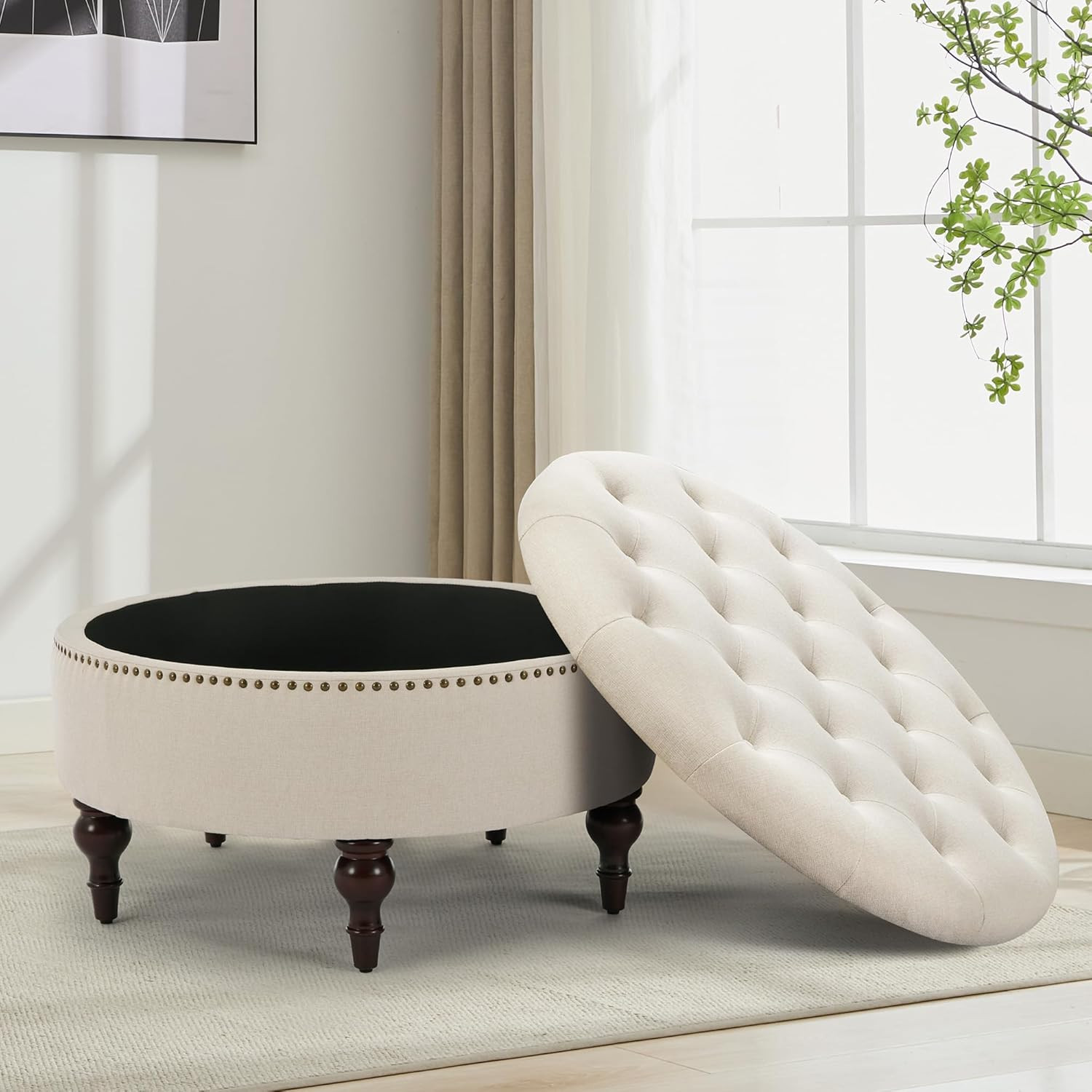 31.5" Large Round Storage Ottoman, Upholstered Tufted Linen Ottoman Coffee Table, Large Footrest ... | Amazon (US)