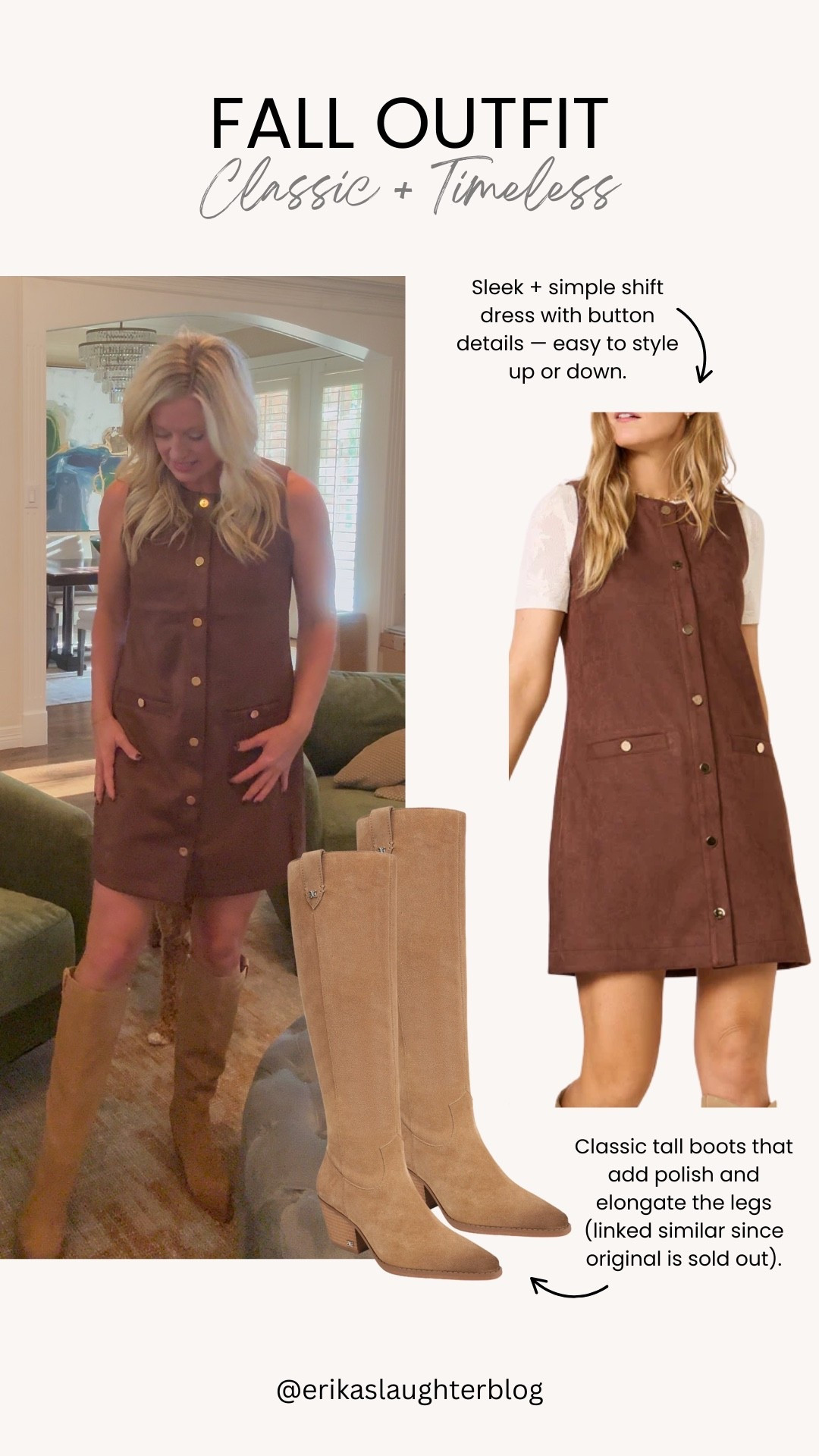 Fall outfit perfection. A chic shift dress paired with classic tall boots = timeless style you’ll wear year after year. Dress it up with layers or keep it simple for effortless polish. (Boots linked similar since the original pair is sold out!) 

#FallOutfit #FallStyle #ClassicStyle #TimelessLook #ChicAndSimple #LTKFall #FallFashionInspo #OutfitIdeas



#LTKStyleTip #LTKSeasonal #LTKShoeCrush