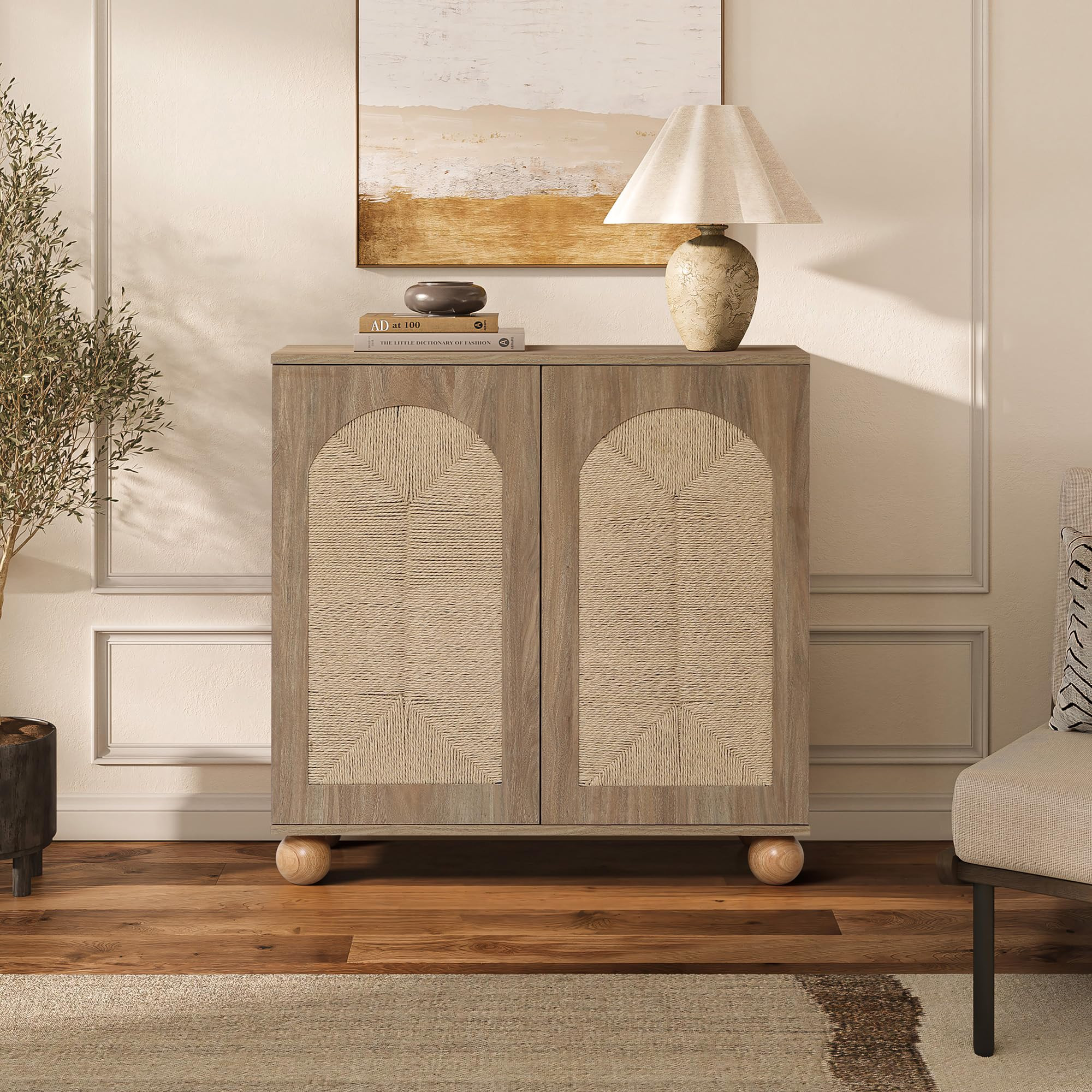 LuxenHome 31.5" Sideboard Buffet Cabinet with Storage, Seagrass Boho Accent Cabinets with Pine Ro... | Amazon (US)