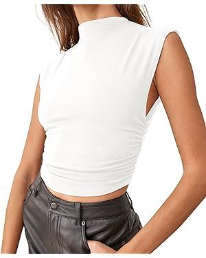 KAMISSY Women Workout Mock Neck Ruched Crop Tank Top Casual Turtleneck Sleeveless Slim Fitted Cro... | Amazon (US)