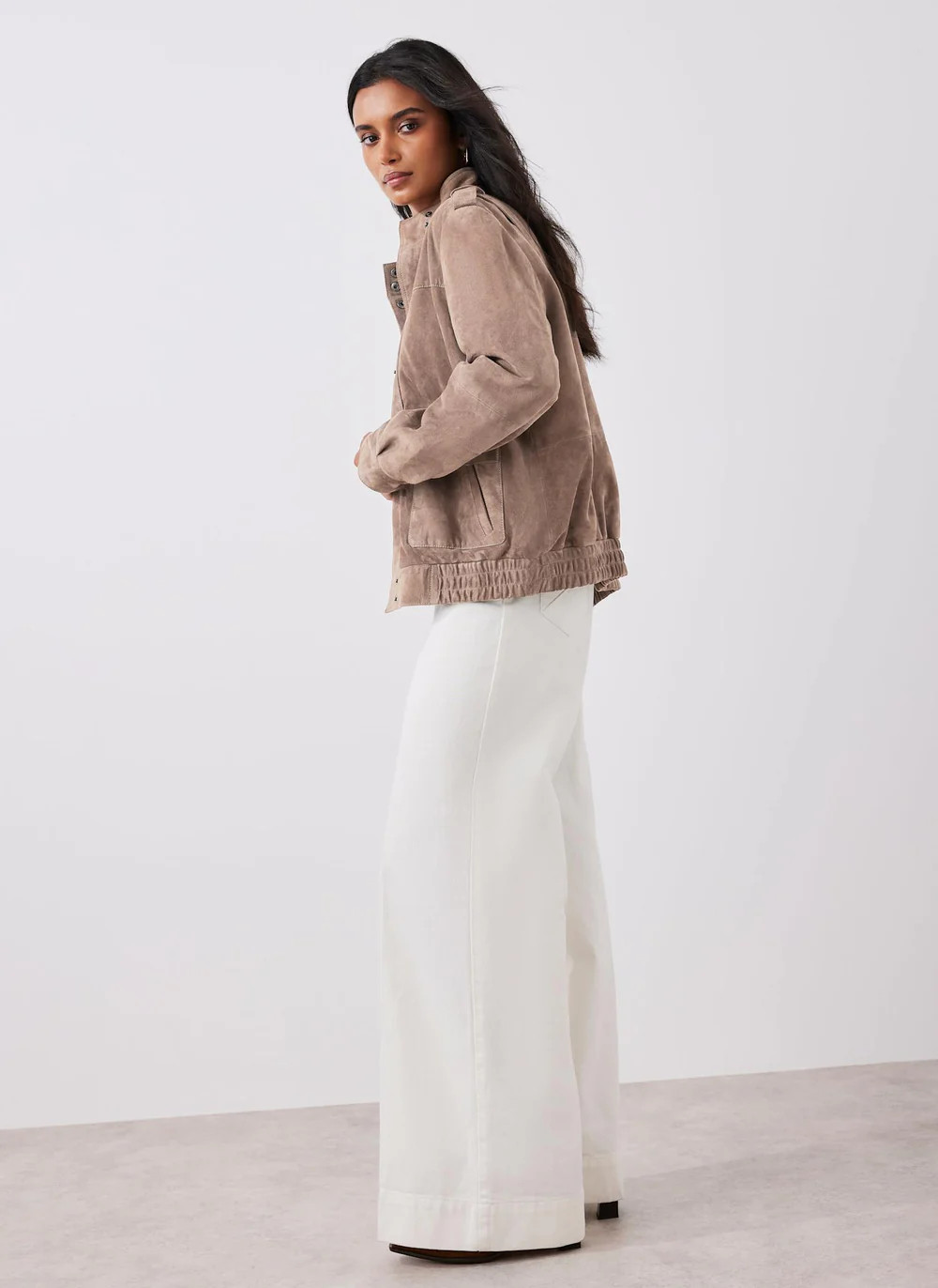 Neutral Suede Bomber Jacket | Mint Velvet