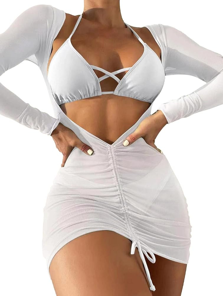 SherryDC Women's Sexy 3 Piece Swimsuits Halter Triangle Bikini Sets with Long Sleeve Cover Up Dra... | Amazon (US)