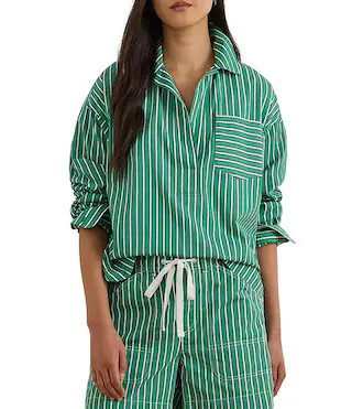 Lauren Ralph Lauren Yarn-Dyed Cotton Broadcloth Stripe Spread Collar Long Sleeve Coordinating Box... | Dillard's