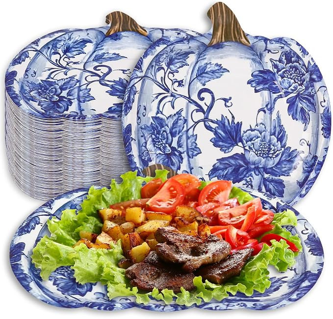 JarThenaAMCS 40Pcs Fall Pumpkin Paper Plates Blue Chinoiserie Pumpkin Flower Disposable Plate Blu... | Amazon (US)