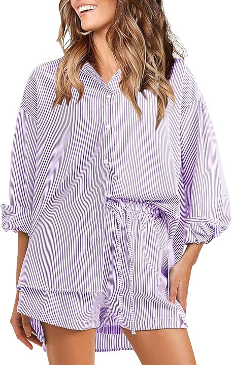 EXLURA Women's Summer 2 Piece Sets Long Sleeve Button Down Shirts Matching Short Sets Beach Vacat... | Amazon (US)
