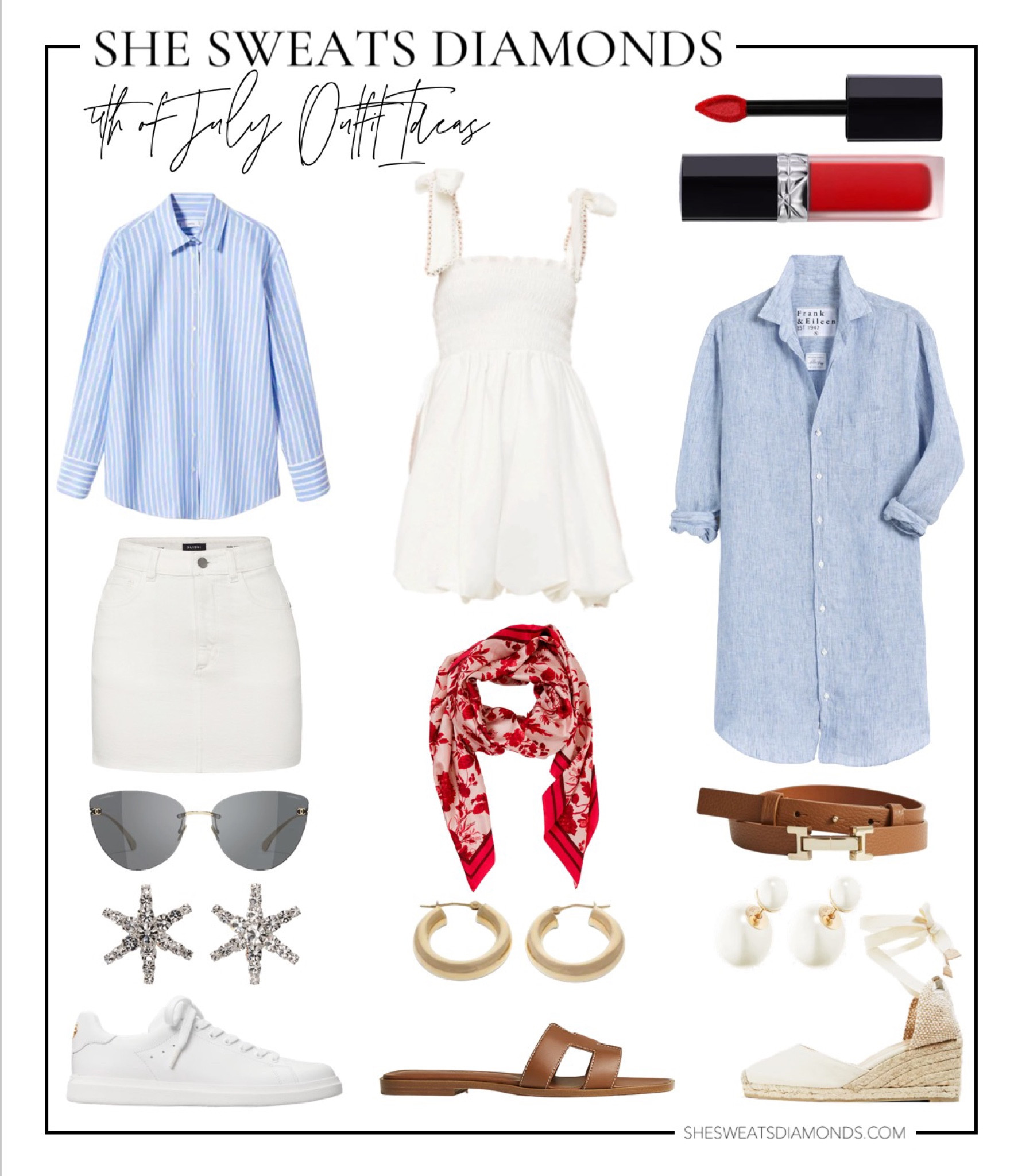 4th of July outfit ideas: 
-Blue striped shirt with white denim skirt and white leather sneakers
-White bow dress with red silk scarf and brown Hermes inspired Oran sandals
-Light blue shirt dress with brown leather belt and espadrilles 

#LTKSeasonal #LTKstyletip #LTKunder100
