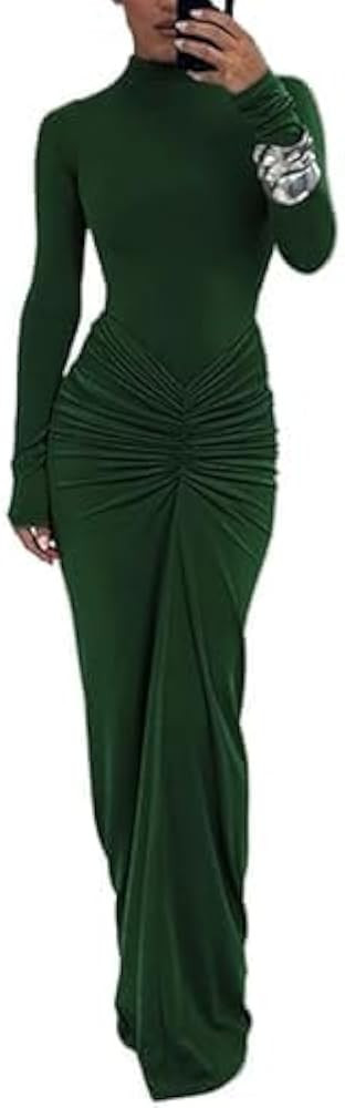 Womens Sexy Maxi Dress Long Sleeve Ruched Bodycon Turtleneck Club Party Casual Wedding Dresses | Amazon (US)