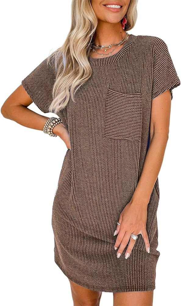 Acelitt Womens Casual Summer Crewneck Short Sleeve Ribbed Mini Tshirt Dress, XS-3XL | Amazon (US)